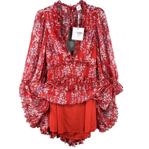 Selfie XL NWT Floral Open Back Ruffle Chiffon Dress Red Long Sleeve Deep V Neck - Picture 4 of 16